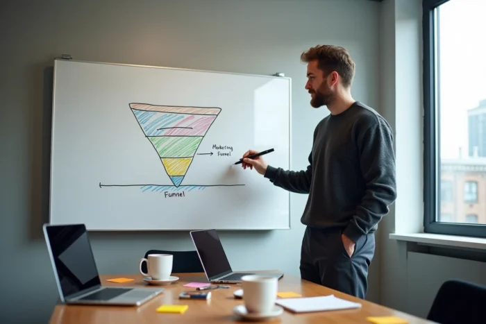 Entrepreneur dessinant une stratégie de marketing digital sur un tableau blanc dans une salle de réunion de startup