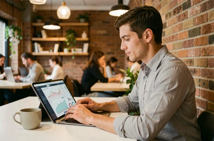 Jeune entrepreneur consultant des tendances business et actualités d'investissement sur une tablette dans un espace de coworking