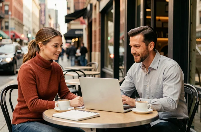 Due imprenditori che collaborano attorno a un computer portatile in una terrazza urbana per un progetto aziendale