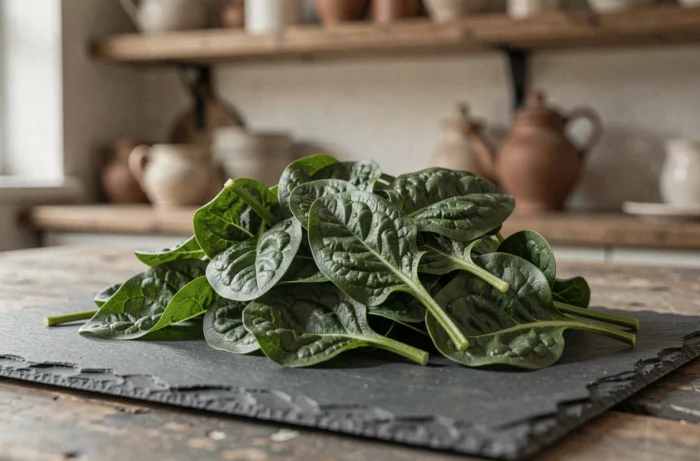 Bunch of fresh spinach with crinkled dark green leaves placed on a slate in a French kitchen