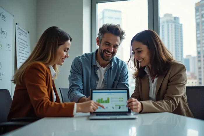 Équipe de collègues collaborant autour d'un logiciel de gestion financière sur tablette en salle de réunion