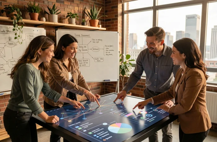 Équipe professionnelle collaborant sur une solution innovante de gestion de données autour d'une table interactive