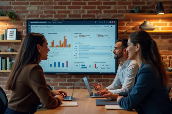 Équipe marketing collaborant autour d'un écran affichant une plateforme de gestion de présence de marque en ligne