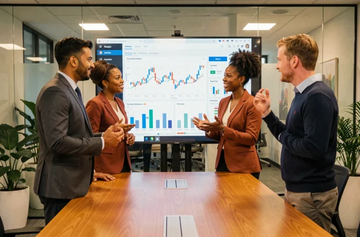 Team multiculturale di professionisti che discutono delle tendenze business su uno schermo digitale interattivo