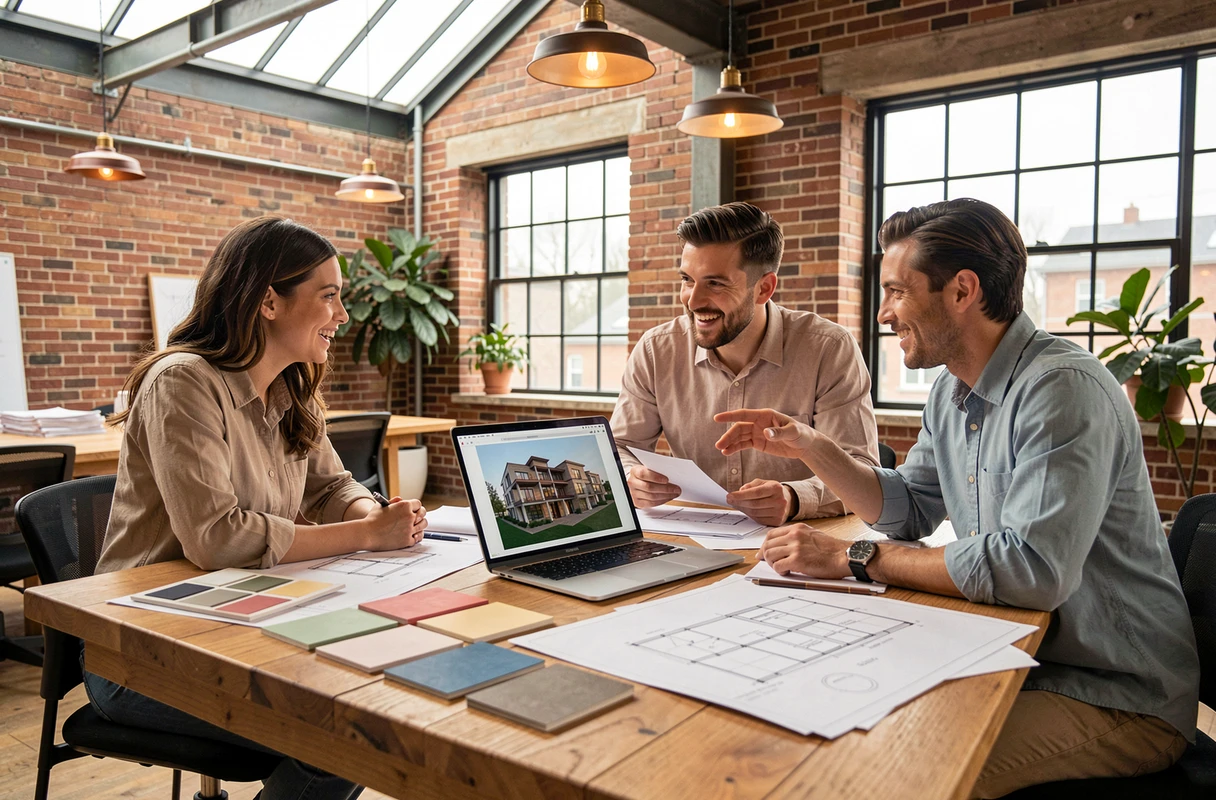 Équipe de professionnels de l'immobilier collaborant autour de plans architecturaux dans un bureau loft industriel moderne