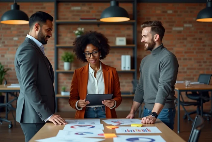 Équipe professionnelle diversifiée discutant des tendances business émergentes autour d'une table dans un espace de coworking