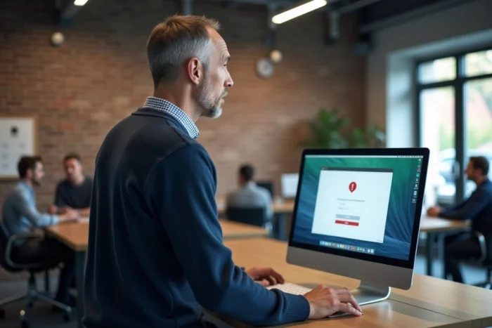 Homme perplexe face à un message d'erreur de connexion sur WebmailNormandie dans un espace de coworking moderne