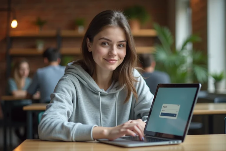Étudiante connectée au portail Eduservices sur son ordinateur portable dans un espace commun universitaire