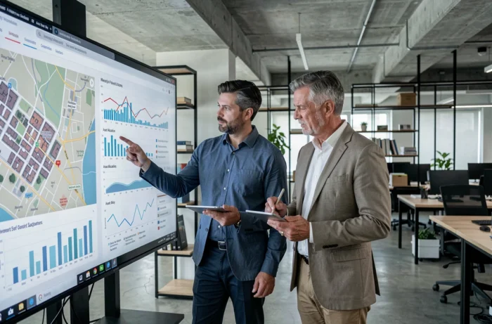 Two wealth management experts analyzing investment graphs and real estate maps on an interactive screen