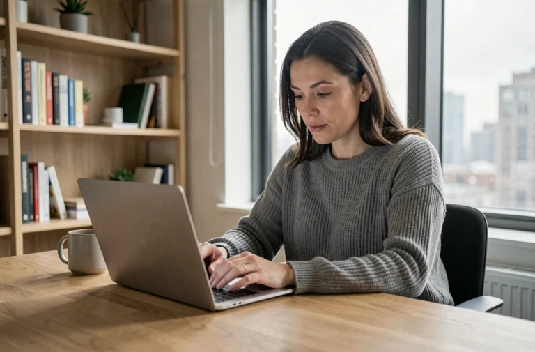 Femme concentrée qui consulte les dernières actualités en ligne sur un ordinateur portable dans un bureau à domicile moderne