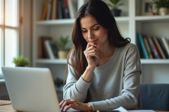 Femme consultant les dernières actualités en ligne sur son ordinateur portable dans un bureau à domicile moderne