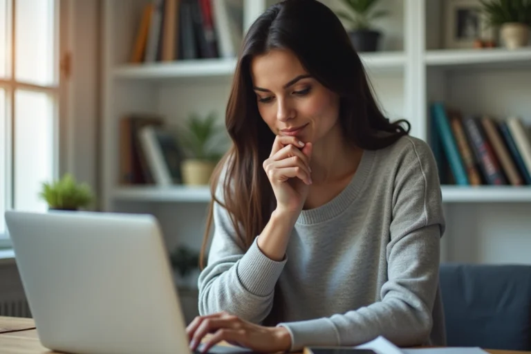 Femme consultant les dernières actualités en ligne sur son ordinateur portable dans un bureau à domicile moderne