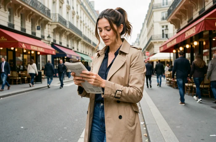 Femme française lisant les actualités sur smartphone dans une rue parisienne animée