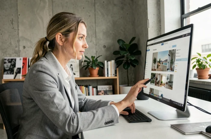 Femme consultant les dernières actualités et nouveautés du site Flow3 sur un grand écran dans un bureau moderne