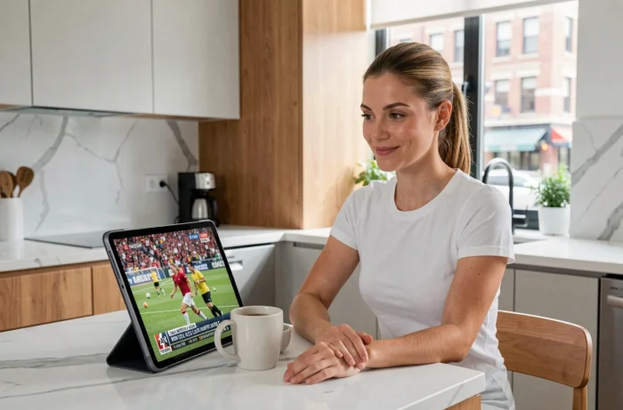 Femme regardant les actualités sportives en direct sur une tablette dans une cuisine moderne