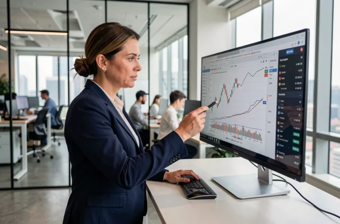 Femme d'affaires professionnelle analysant des graphiques financiers sur un écran dans un bureau moderne, tendances investissement
