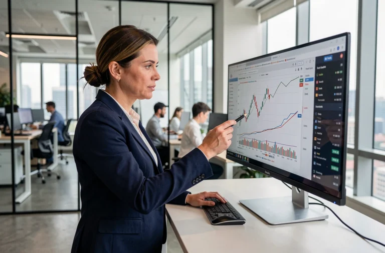 Femme d'affaires professionnelle analysant des graphiques financiers sur un écran dans un bureau moderne, tendances investissement