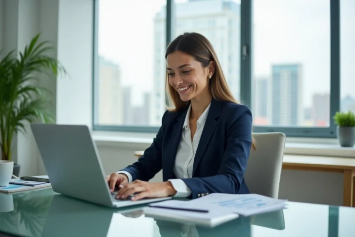 Femme d'affaires analysant des tendances business sur un ordinateur portable dans un bureau moderne avec vue sur la ville