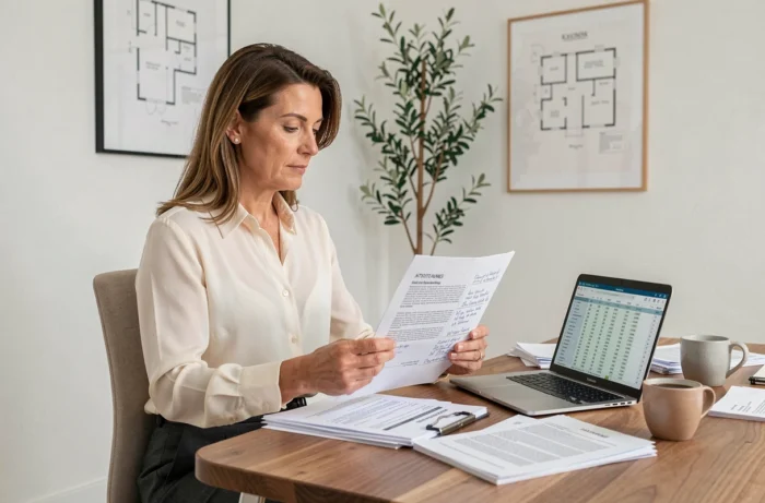 Woman consulting a wealth analysis report in a home office, surrounded by financial documents