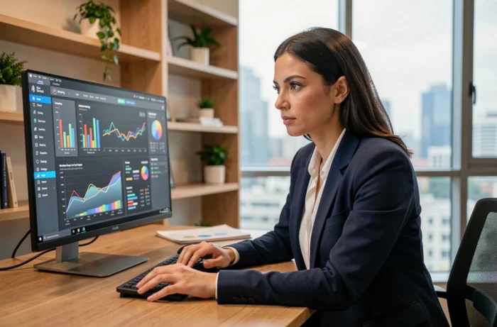 Femme analyste marketing en blazer marine devant un écran affichant des graphiques de stratégie digitale dans un bureau moderne
