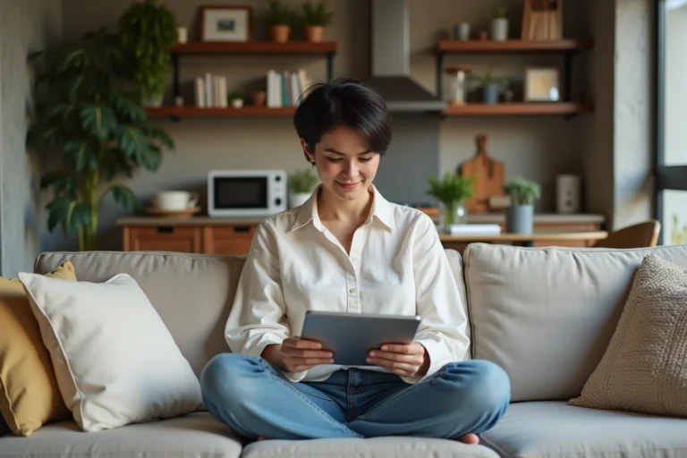 Femme consultant des plans d'appartement compact dans un petit salon bien aménagé aux tons chaleureux