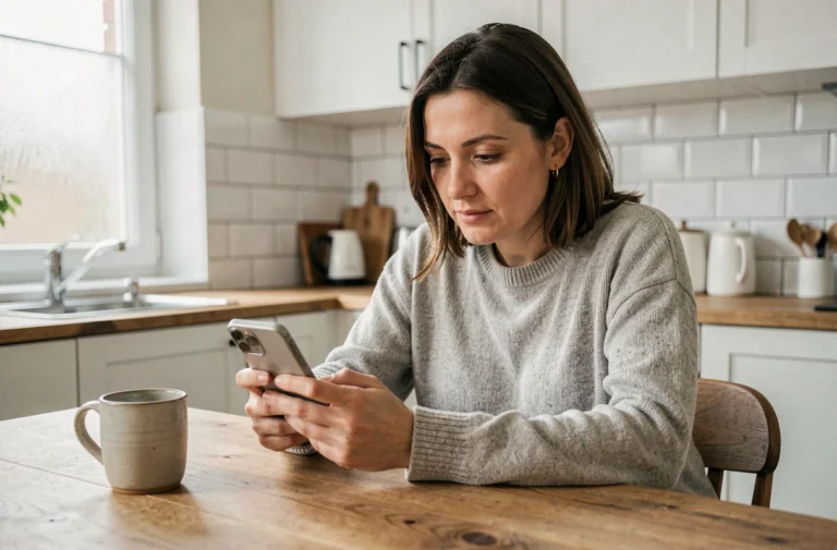 Femme utilisant l'application bancaire LBP Accès 24 sur smartphone dans une cuisine moderne