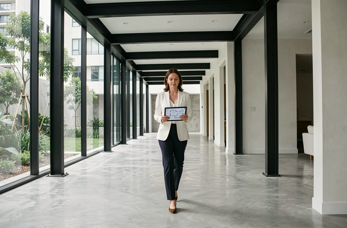 Femme architecte inspectant un immeuble résidentiel moderne avec finitions contemporaines et façade vitrée sur cour intérieure