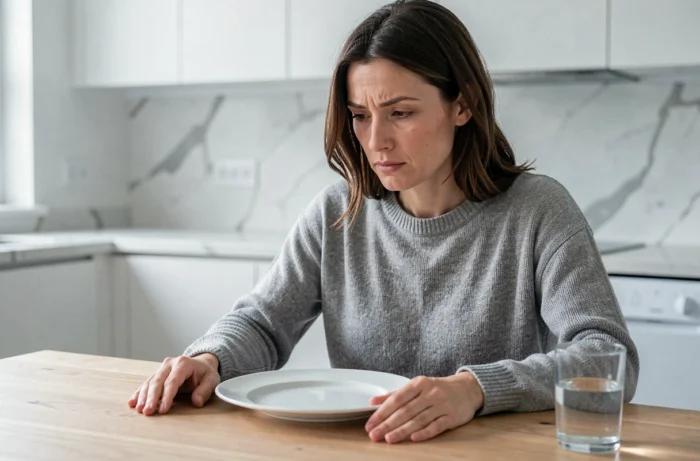 Femme assise devant une assiette vide en cuisine, illustrant le jeûne et la restriction alimentaire pour perdre du poids