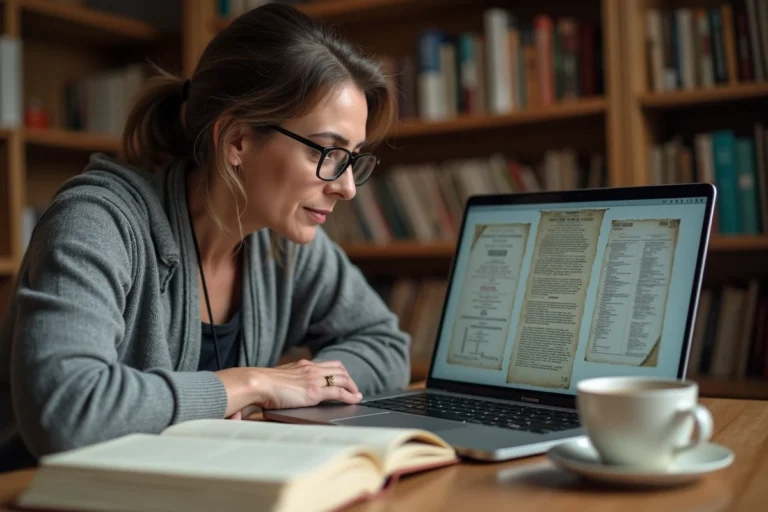 Femme consultant des archives historiques numérisées sur une plateforme en ligne depuis une bibliothèque