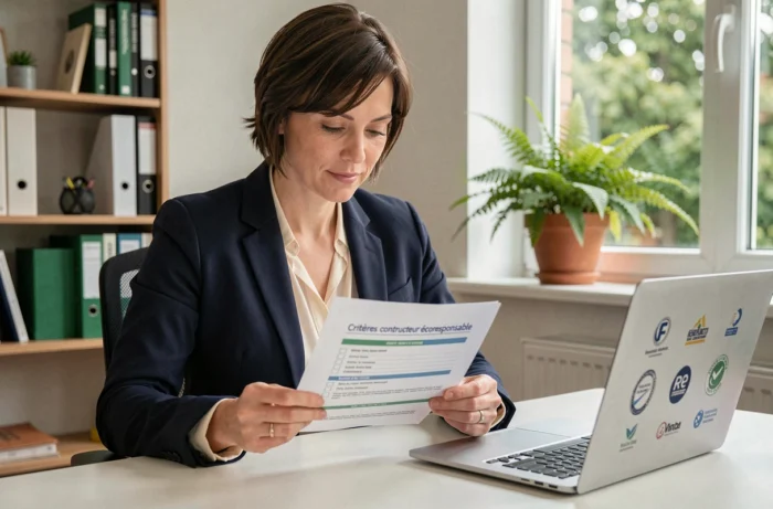 Woman analyzing the criteria for choosing an eco-responsible builder with a checklist and a laptop in a home office