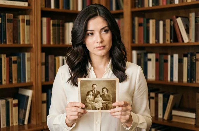 Femme tenant une vieille photographie de famille dans une bibliothèque, explorant ses origines et son identité