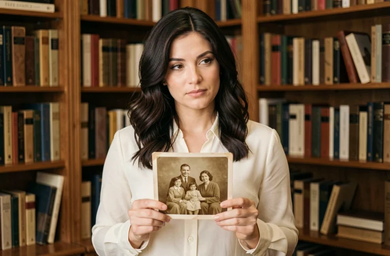 Femme tenant une vieille photographie de famille dans une bibliothèque, explorant ses origines et son identité