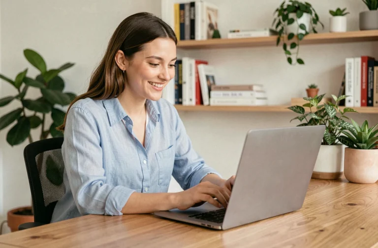 Jeune femme découvrant la nouvelle adresse de Fanstream sur son ordinateur portable dans un bureau moderne