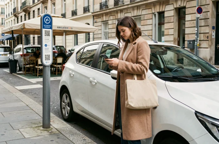 Jeune femme déverrouillant une voiture en auto-partage avec son smartphone dans une rue européenne