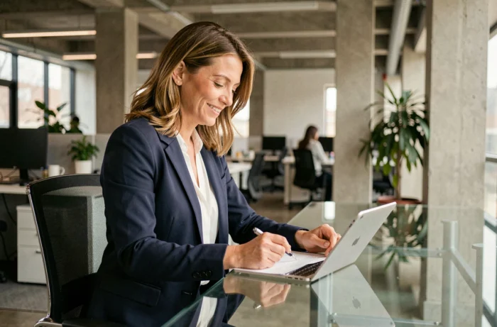 Femme entrepreneure analysant des documents stratégiques dans un bureau moderne en 2024
