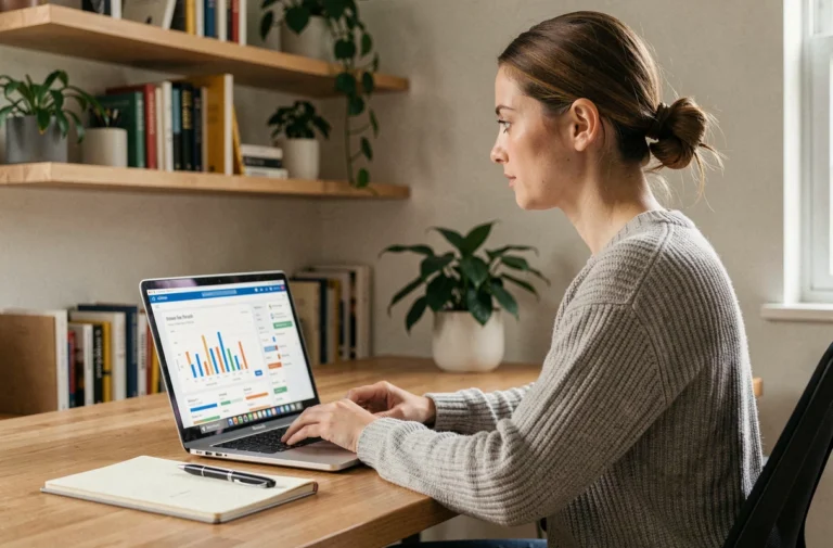 Femme suivant une formation en ligne sur son ordinateur portable dans un bureau à domicile moderne