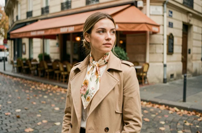 Femme élégante portant un foulard en soie et un trench coat beige dans une rue pavée parisienne en automne