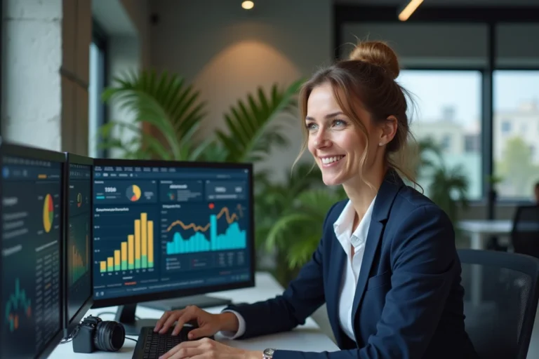 Femme professionnelle analysant des tableaux de bord financiers numériques sur deux écrans dans un bureau moderne