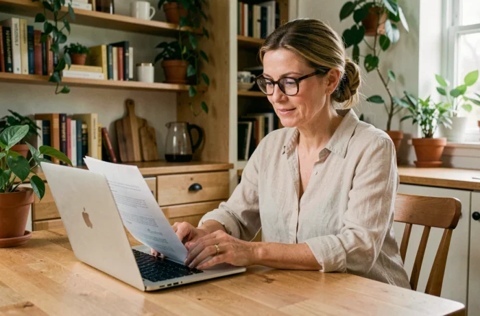 Femme consultant des documents de location de résidence principale sur un ordinateur portable dans une cuisine moderne