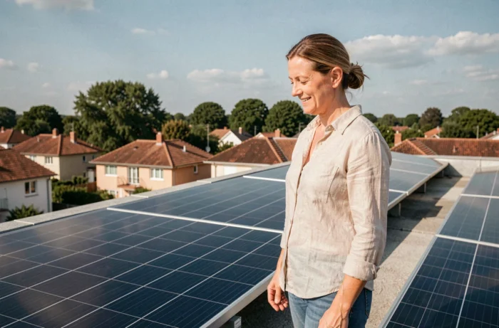 Femme examinant des panneaux solaires installés sur le toit de sa maison en zone pavillonnaire