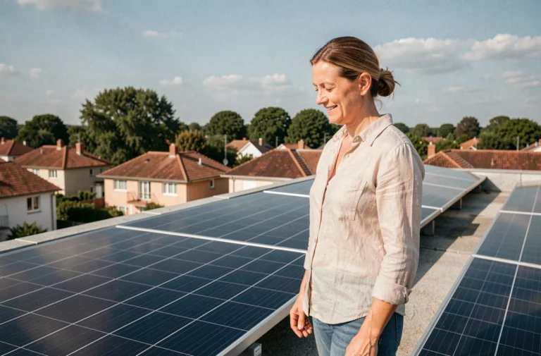 Femme examinant des panneaux solaires installés sur le toit de sa maison en zone pavillonnaire