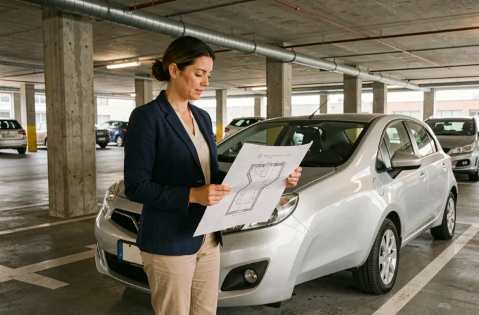 Femme consultant un plan de parking dans un garage souterrain béton avec une voiture compacte argentée à côté d'elle