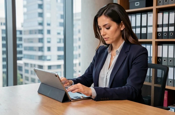 Femme professionnelle consultant les dernières actualités sur une tablette dans un bureau moderne et lumineux