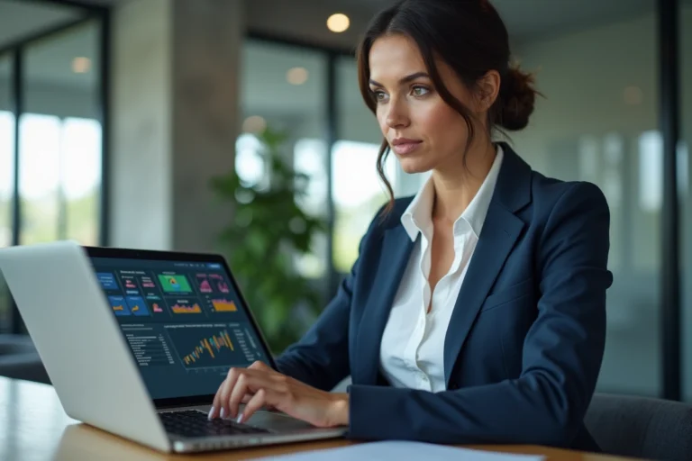 Femme professionnelle analysant des tableaux de bord de visibilité de marque en ligne sur un laptop dans un bureau moderne