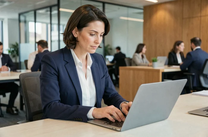 Femme professionnelle rédigeant un email de changement d'adresse mail sur un ordinateur portable dans un bureau moderne