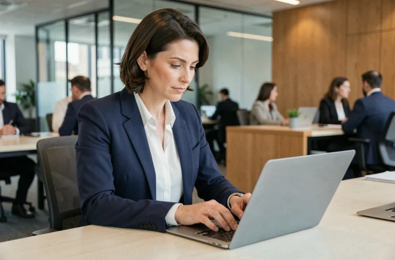 Femme professionnelle rédigeant un email de changement d'adresse mail sur un ordinateur portable dans un bureau moderne