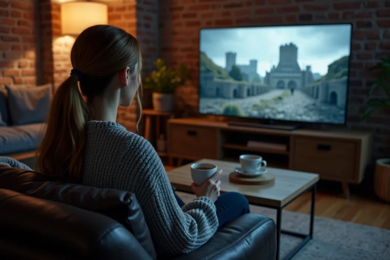 Jeune femme regardant Game of Thrones en streaming sur son téléviseur dans un appartement moderne et cosy