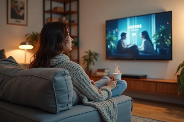 Jeune femme regardant une série en streaming confortablement installée sur son canapé avec une tasse de thé