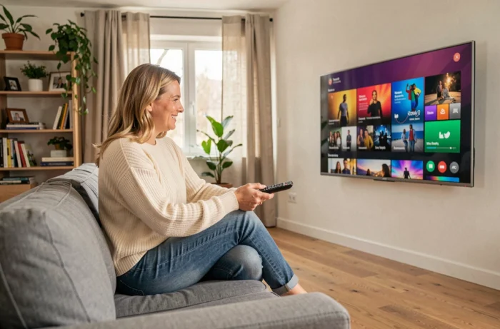 Femme regardant une émission en direct sur une télévision connectée via une interface de streaming légale dans un salon moderne