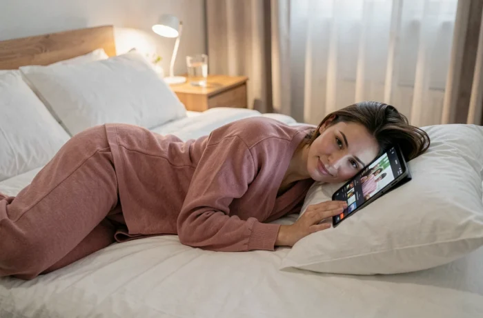 Jeune femme regardant la télévision en direct sur une tablette dans une chambre confortable via une application de streaming légale